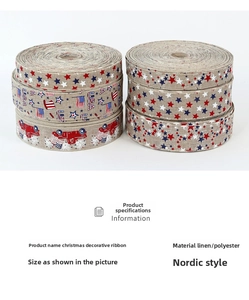 Detail of USA themed burlap ribbons with patriotic stars and stripes prints for crafts