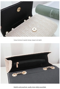 Detail of magnetic snap closure and interior zipper pocket on beige woven bag