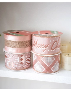 Set of four velvet pink and rose gold ribbons with Merry Christmas gold foil patterns