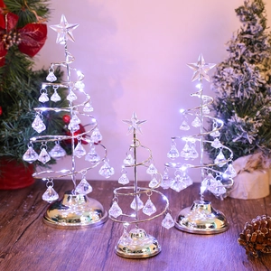 Three-piece set of silver spiral crystal Christmas trees with warm LED light and star topper