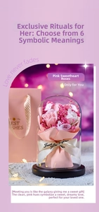 Detail of pink and white preserved roses in glass dome with gift bag and ribbon