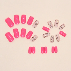 Barbie pink daisy press-on nails with black wavy lines and square shape for women