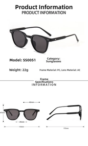 Detailed size chart for round cat-eye sunglasses with PC frame and AC lenses