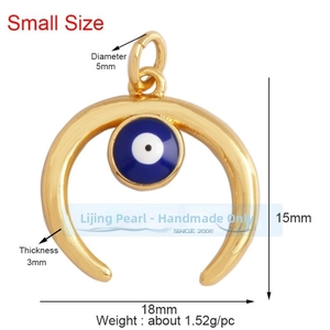 Detailed size chart of a 15x18mm evil eye crescent charm with cubic zirconia