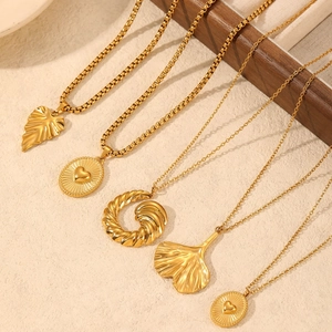 Minimalist gold stainless steel necklaces with heart and leaf pendants for women