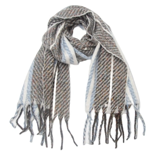 Detail of striped knitted scarf with herringbone texture and fringe in grey, white, and blue