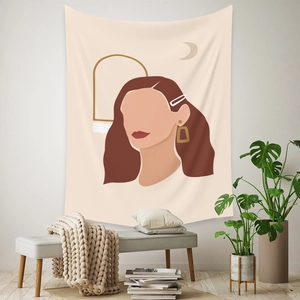 Modern abstract bohemian tapestry with female portrait in a warm living room setting