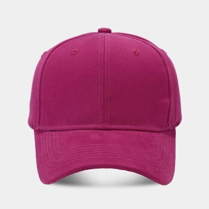Detailed view of magenta cotton twill baseball cap with reinforced stitching and eyelets