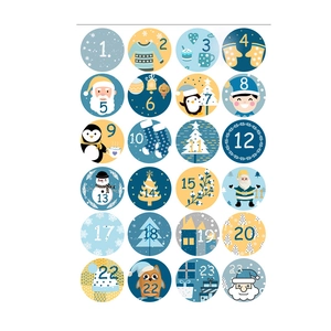 24-piece Christmas countdown calendar stickers with cute festive illustrations on blue background