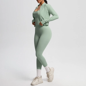 Three-piece light green yoga set with slim-fit zip jacket and high-waist leggings