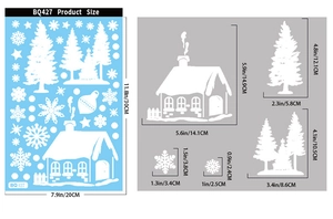 Tableau des tailles détaillé pour autocollants de Noël avec maison de neige et cèdres blancs