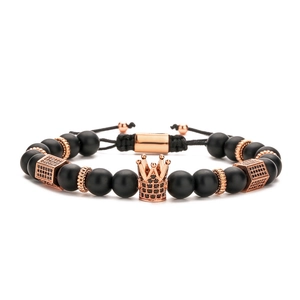 Men's crown beaded bracelet with matte black onyx and adjustable rose gold crown charm