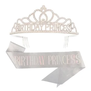 Silver Birthday Princess rhinestone tiara crown and glitter sash set for women