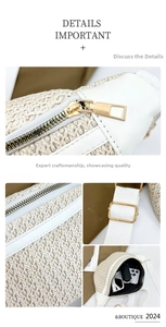 Macro details of woven straw waist bag showing gold hardware and internal capacity