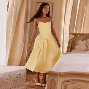 French retro pale yellow corset midi dress in satin finish with strapless design