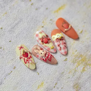 5D embossed strawberry and rabbit nail stickers set with matte finish and 3D bows