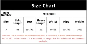 Guide des tailles montrant la longueur, le buste et la taille pour cette robe à manches