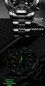 Détail du chronographe ORUSS avec aiguilles lumineuses et cadran tachymétrique
