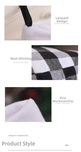Detail of Christmas stocking featuring black and white plaid fabric with plush white trim