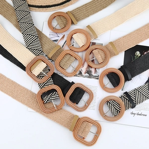 Women Woven Straw Belt Bohemian Elastic Waist Strap With Round Square Resin Wood Texture Buckle Vacation Dress Accessory