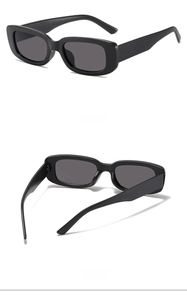 Side views of retro rectangle kids sunglasses with glossy black frames and grey lenses