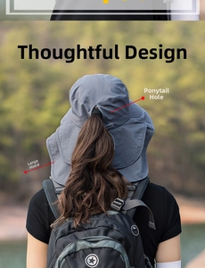 Detail of grey sun hat featuring a ponytail hole design and neck protection cape