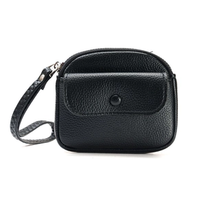 Minimalist black lychee texture leather coin purse with wristlet and front flap pocket