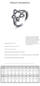 Detailed size chart and technical specifications for the vintage S925 silver star ring