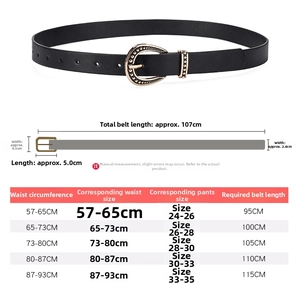 Size chart showing belt length 107cm and buckle dimensions for women's leather belts