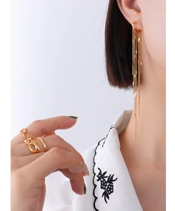 Detail of long gold tassel earrings and chain link ring set on female model