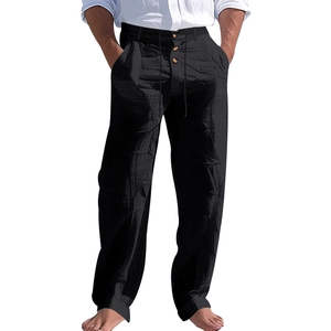Men's breathable black cotton linen trousers with drawstring waist and button detail
