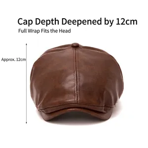 Men's vintage dark brown leather beret cap with 12cm deep crown and natural texture