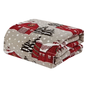 Christmas flannel blanket featuring winter snow scene with red barn and pine trees