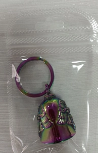 Detail of a rainbow-colored stainless steel bell pendant featuring angel wings design