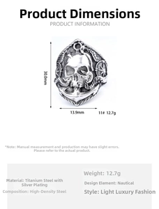 Detailed size specifications of silver stainless steel nautical skull anchor ring