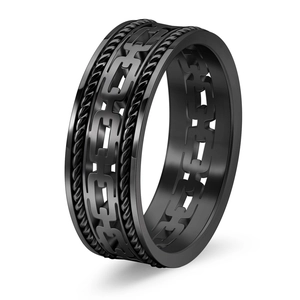 Men's matte black titanium steel ring with double-rope cable edge and hollow cuban chain