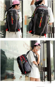 Detail view of large capacity outdoor backpack with durable grey and black contrast fabric