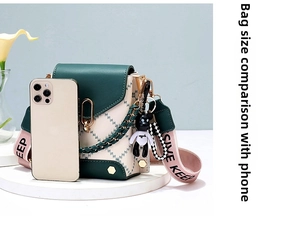 Compact green and white quilted crossbody bag shown with a phone for size comparison