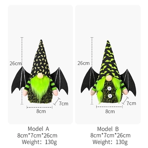 Detailed dimensions for Halloween gnomes with bat wings and green beard decorations