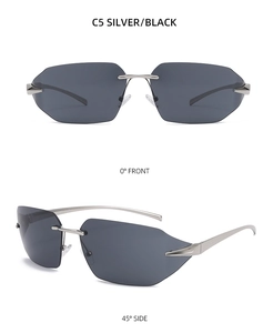 Frameless sports sunglasses in silver metal with black lenses, front and 45-degree side views