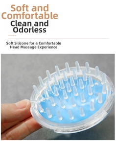Detail of blue silicone scalp massager brush with soft bristles for hair washing