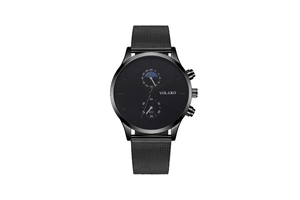 Close-up of black moon phase watch with stainless steel mesh strap on white background
