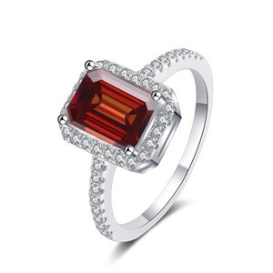 S925 sterling silver ring with 1ct emerald cut red moissanite and halo diamonds
