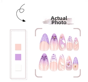 Detail of purple almond fake nails with 3D floral patterns and gold bead accents