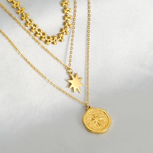 Layered Necklace Stainless Steel 18K Gold Plated Vintage Heart Chain Star And Coin Pendant Trendy Jewelry For Women