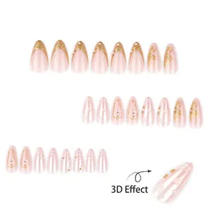 French style gold press-on nails with 3D pearls and floral patterns on pink base