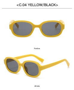 Detail view of yellow oval sunglasses with black lenses shown from front and side angles