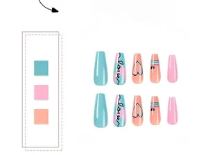 Faux ongles longs ballerine avec dégradé bleu et rose et motifs de cœurs élégants