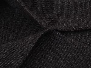 Gedetailleerde close-up van de dichtgebreide textuur en premium zwarte stof van de poncho