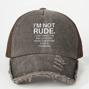 Close-up of vintage brown washed denim mesh cap with distressed details and ROUD print